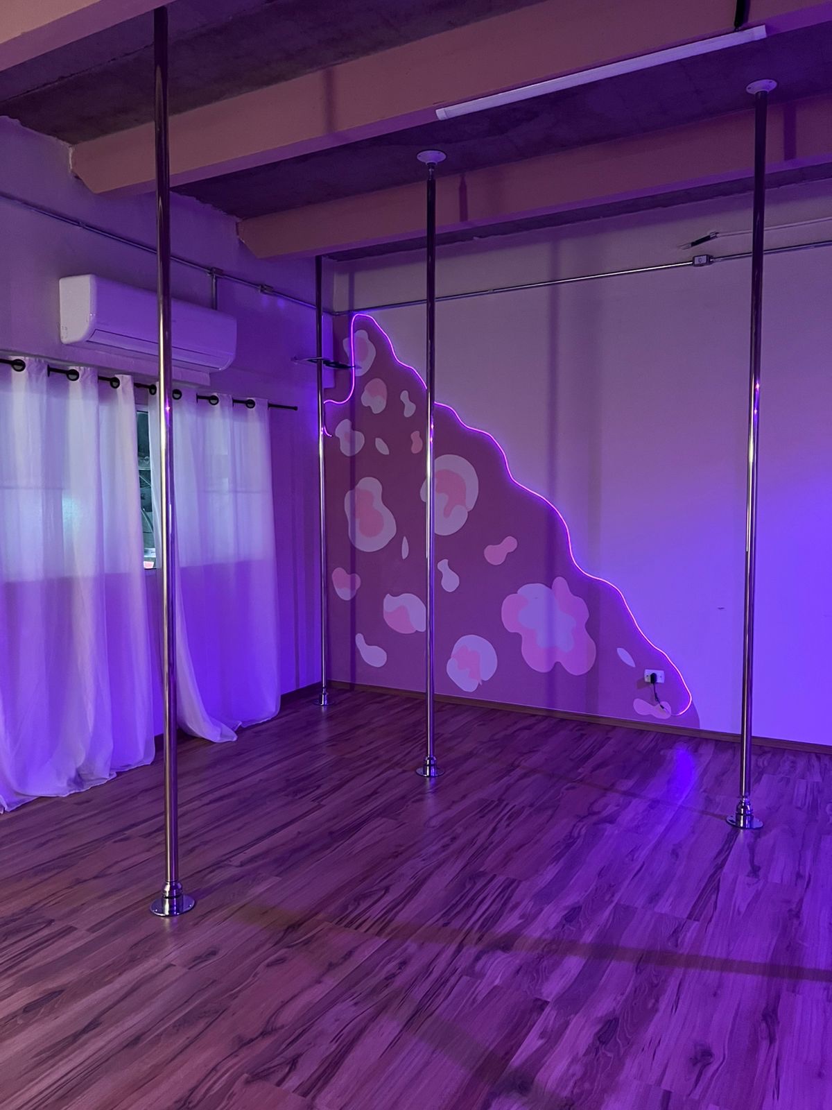 Sala de aula da Audácia Moviment com barras de pole dance e parede com estampa de onça-pintada iluminada em neon